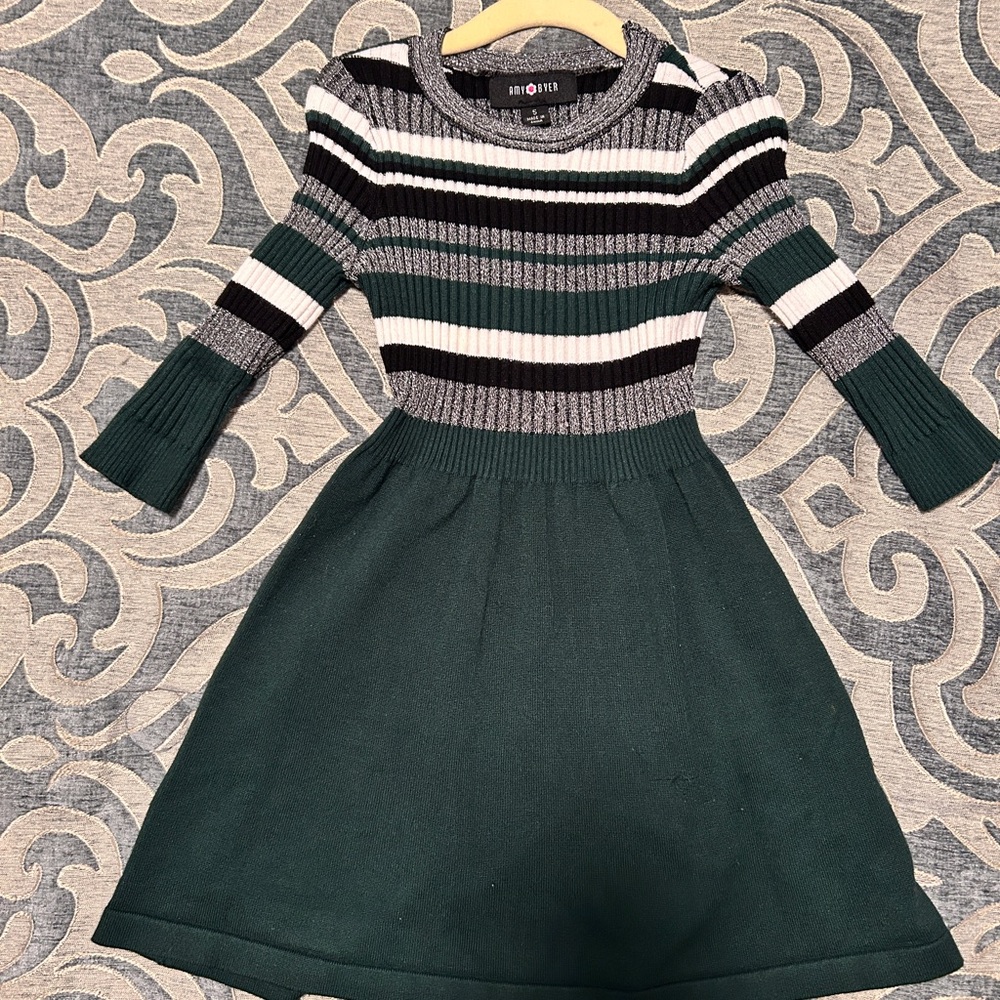 Amy Byer Green and White Bell Sleeve Sweater Dress